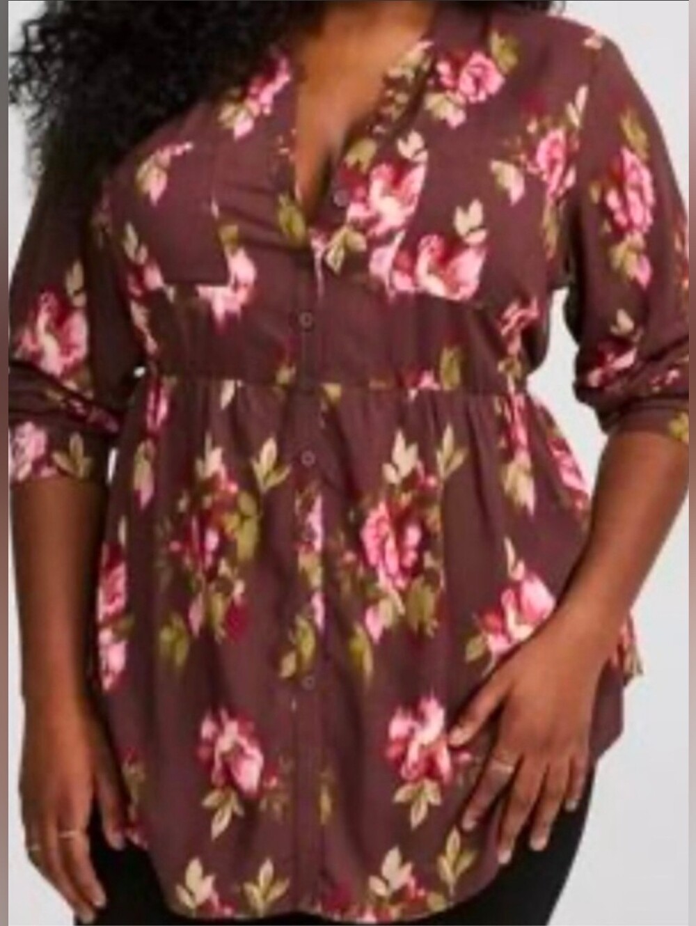 Torrid Emma Brown Floral Button-Up Tunic with Pink Rose Size 3